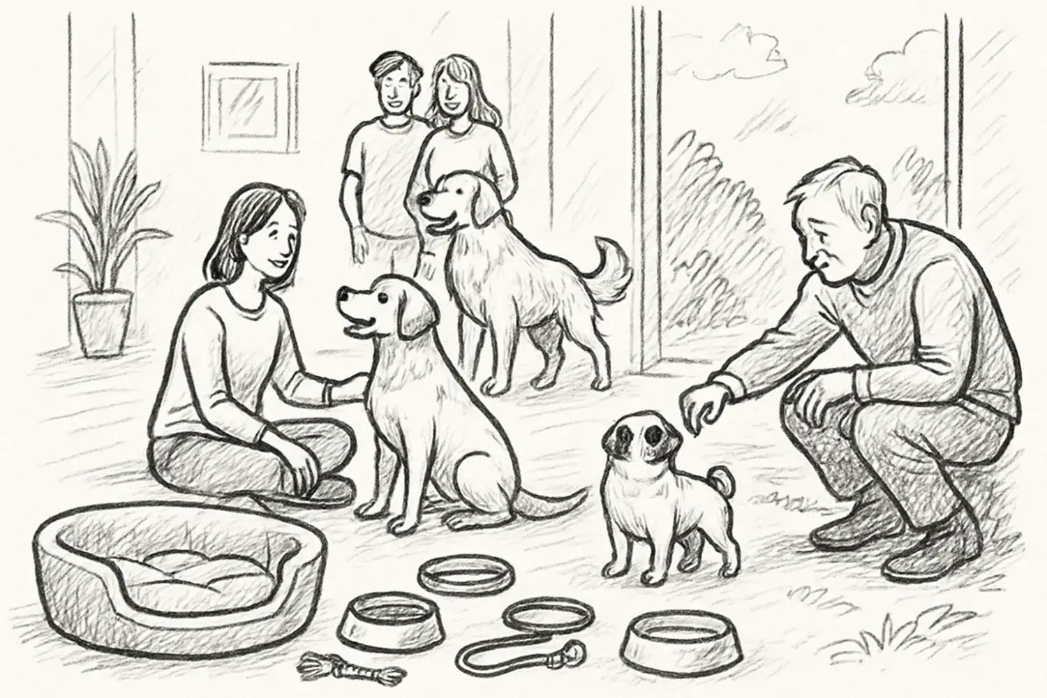 skizze einer indoor-szene mit menschen und hunden als unterstützendes bild für den artikel alles für hunde der ultimative guide für einsteiger 2025