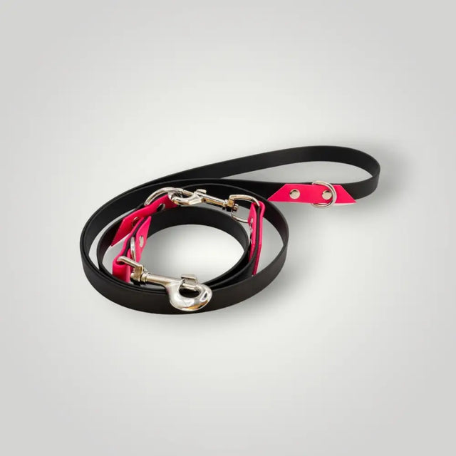 Schwarze und pinke Biothane verstellbare Leine mit metalldringen für Hunde