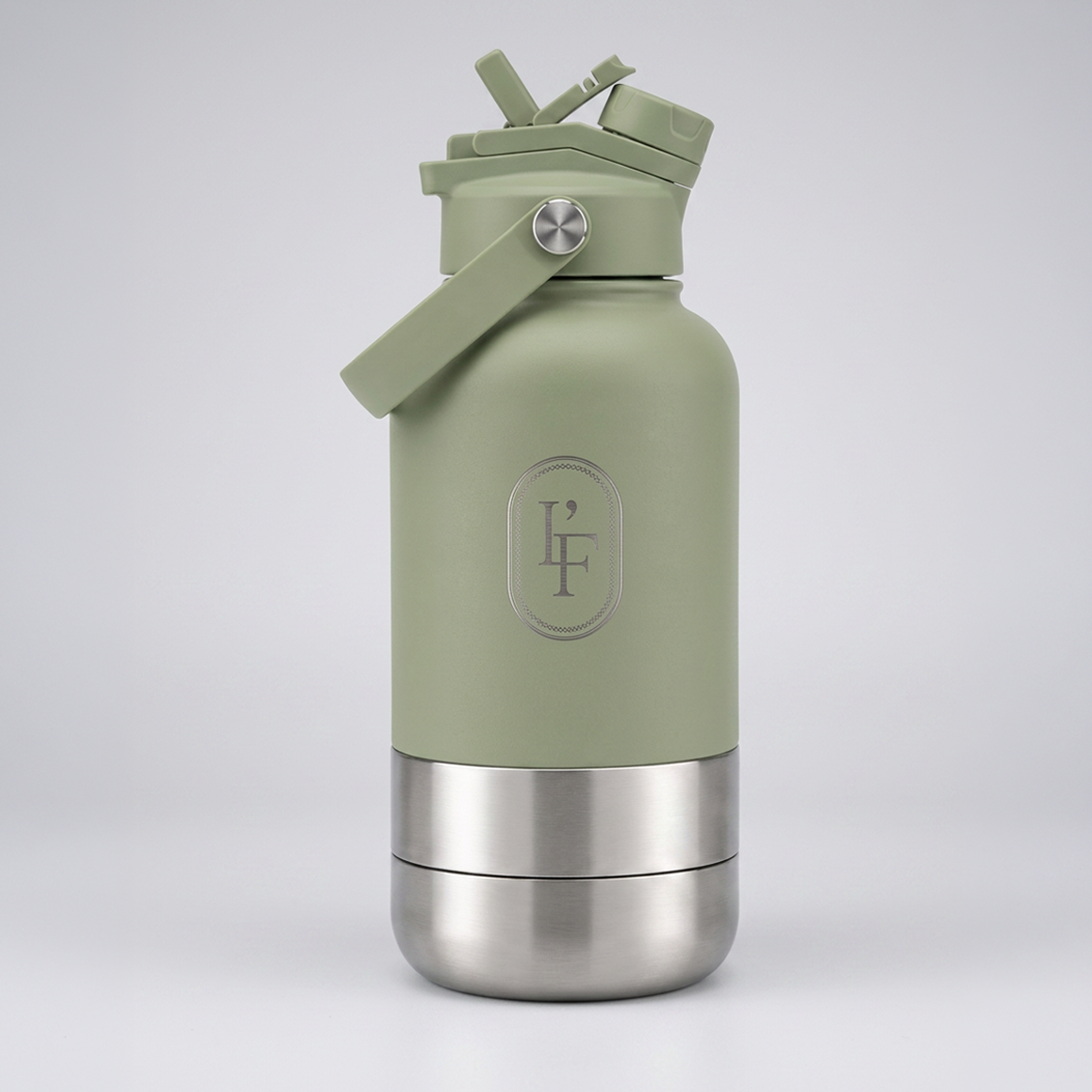 L F L O O F 3 in 1 Hunde Reiseflasche mit abnehmbarem Trinknapf und Leckerlifach in Matcha