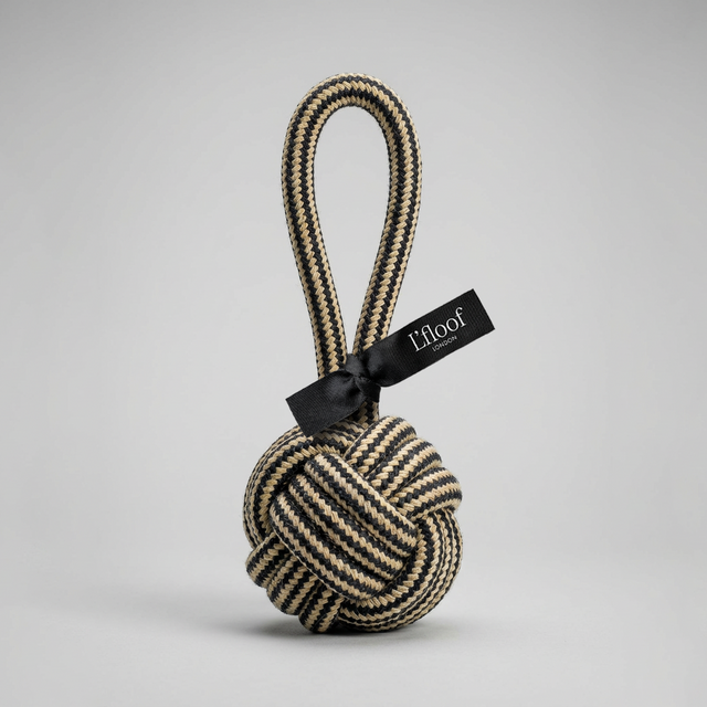 L'floof Rope Tug Spielzeug für Hunde robustes Zerrspielzeug aus Baumwollseil in Beige und Schwarz mit Knotenball