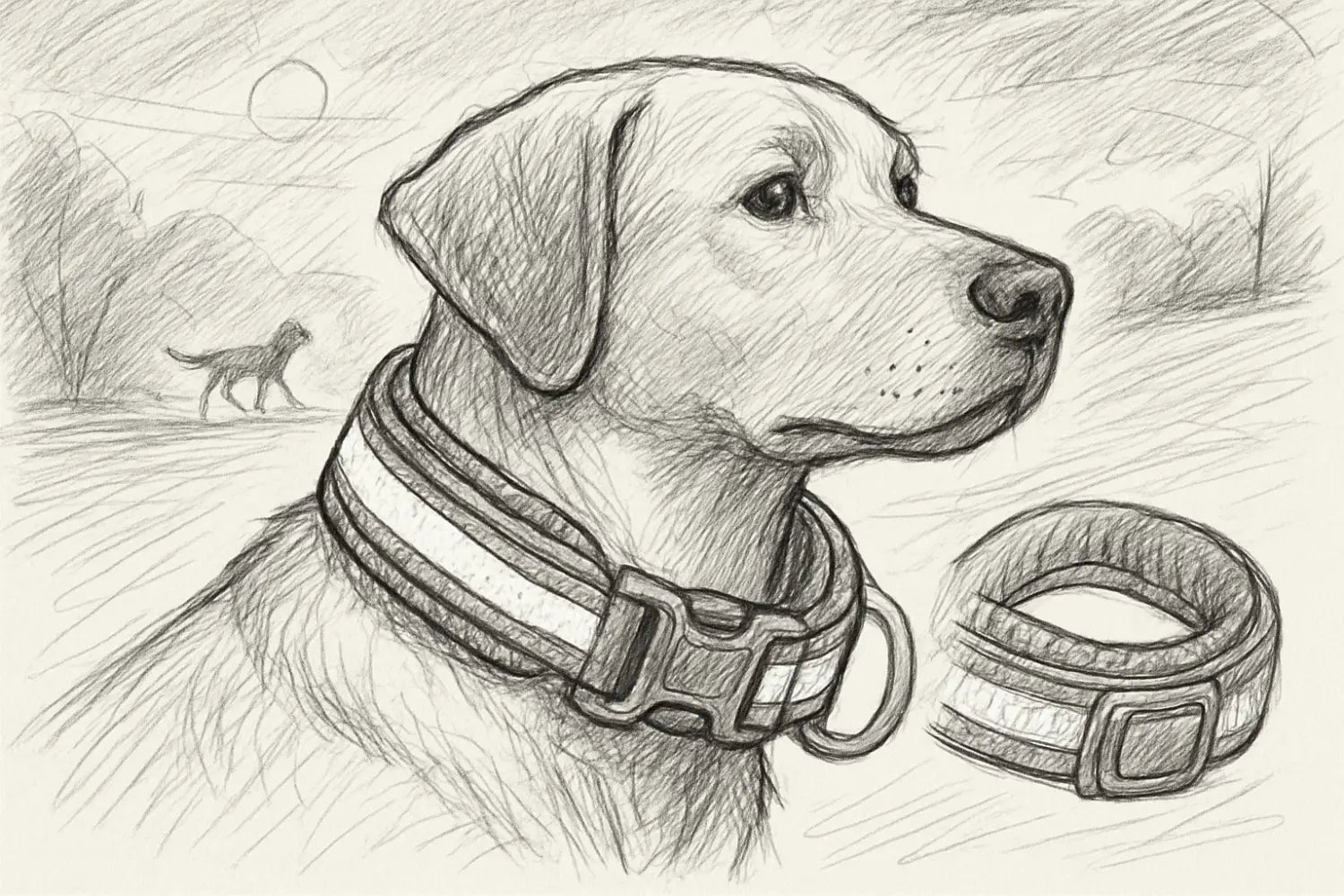 detaillierte bleistiftskizze eines hundes mit gestreiftem, verstellbarem hundehalsband aus stoff und metallschnalle im trend hundehalsband 2025