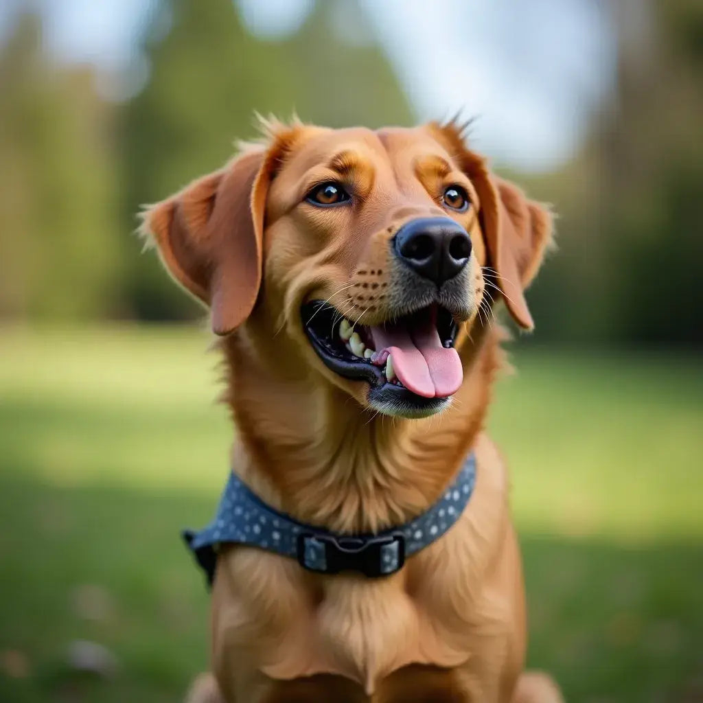 Glücklicher Golden Retriever mit stylischem gemustertem Zugstopp-Halsband