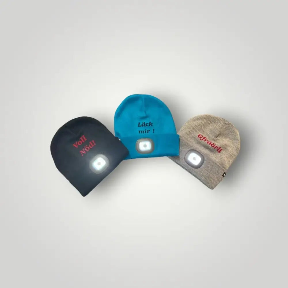 Drei LED Beanie Hüte mit flockdruck gewünscht, perfekt auch als Hundespielzeug oder Hundehalsband