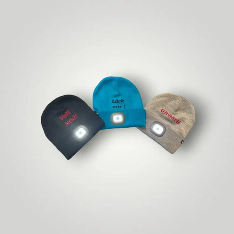 Drei LED Beanie Hüte mit flockdruck gewünscht, perfekt auch als Hundespielzeug oder Hundehalsband