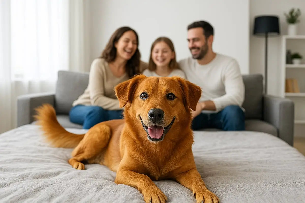 ein freundlicher golden retriever mit glänzendem fell und ausdrucksstarken augen liegt entspannt auf dem bett und zeigt, wie du das hundeglück stärken kannst