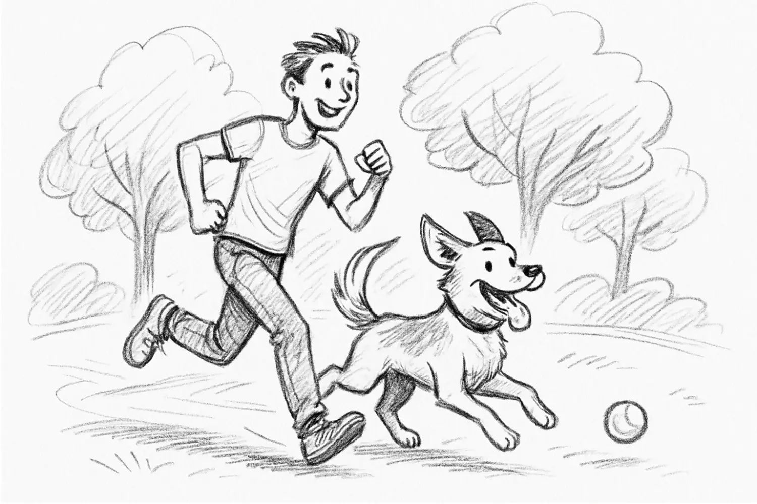 ein fröhlicher cartoon-junge in einem t-shirt und jeans läuft mit seinem glücklichen, wedelnden hund durch eine outdoor-umgebung sport für hunde aktivitäten vorgestellt