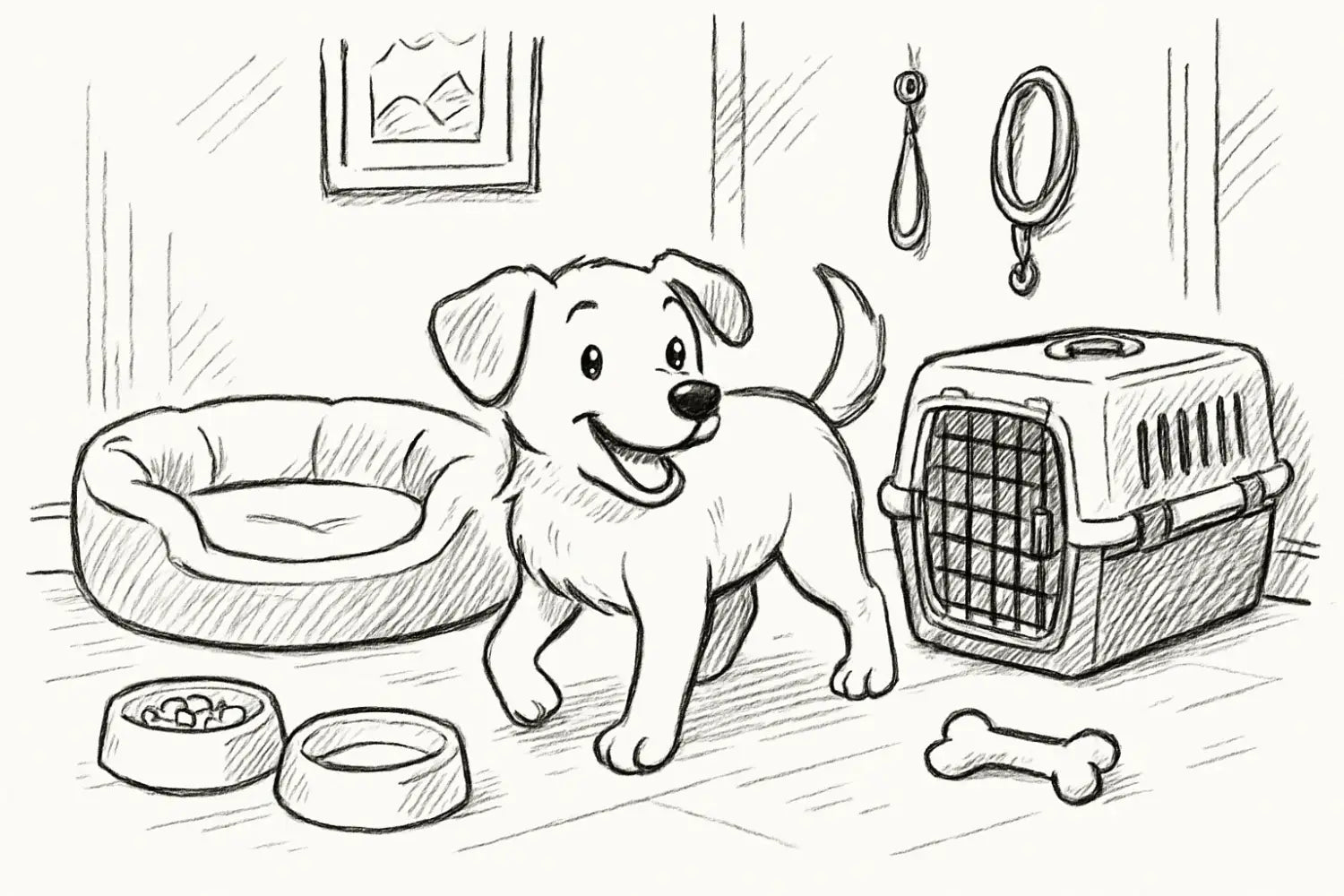 Ein fröhlicher cartoon-welpe mit schlappohren und wedelndem schwanz steht vor einer transportbox, futternäpfen und einem hundebett im artikel alles für hunde der ultimative guide für einsteiger 2025.