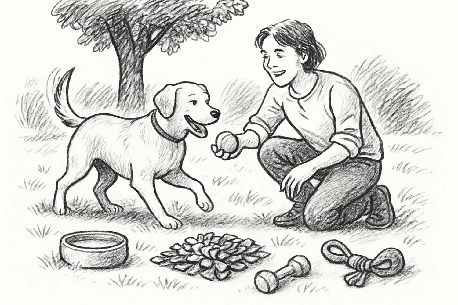 ein fröhlicher gelber labrador retriever mit schlappohren und wedelndem schwanz trägt ein halsband in einem artikel über 7 spiel ideen mit dem hund