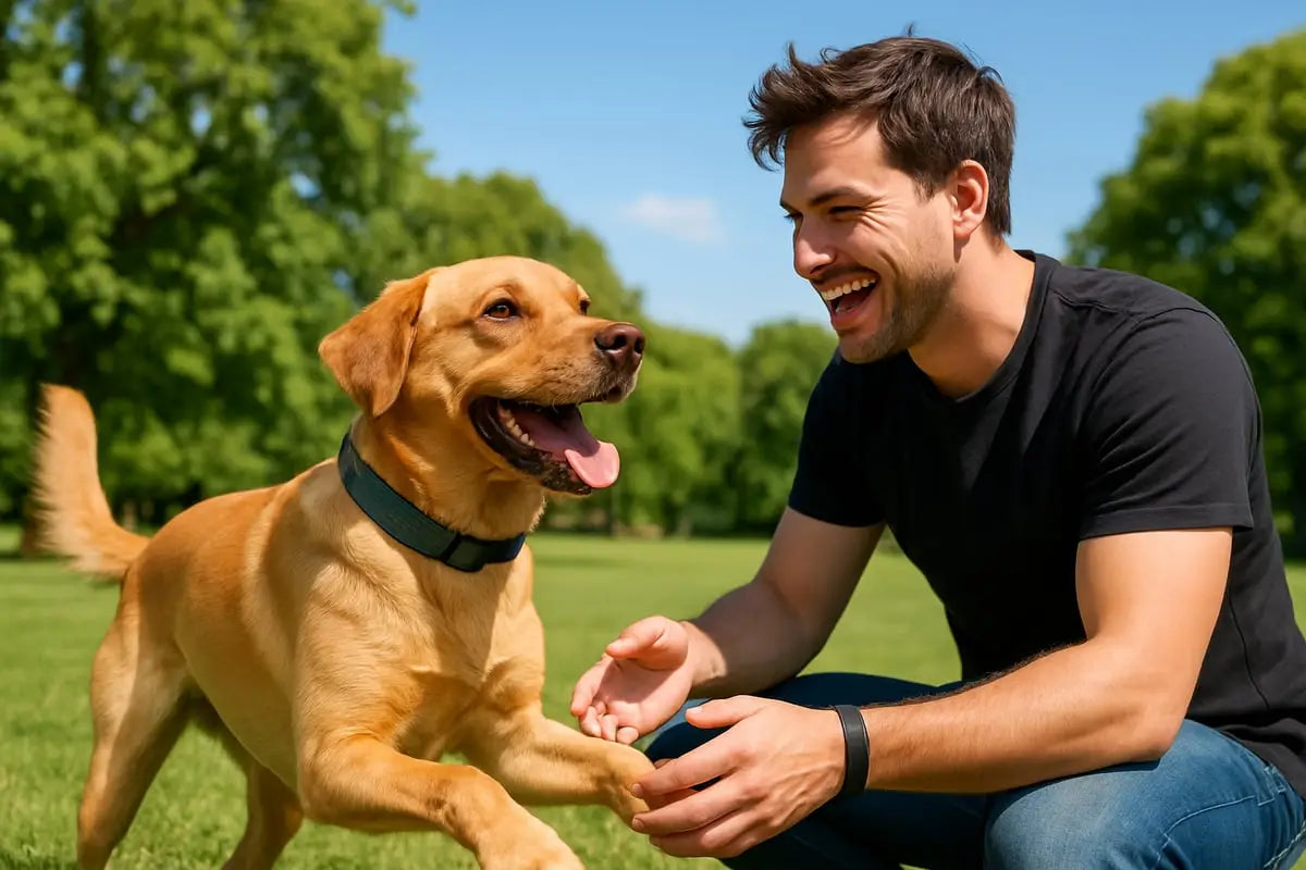 ein fröhlicher golden retriever mit kurzem, glänzendem fell und dunkelgrünem halsband zeigt 7 wege wie du das hunde glück stärkst