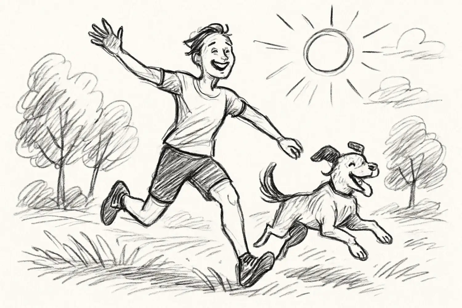 ein fröhlicher junge in schlichtem t-shirt und shorts läuft unter der hellen sonne vergnügt mit seinem spielerischen hund im artikel sport für hunde aktivitäten vorgestellt