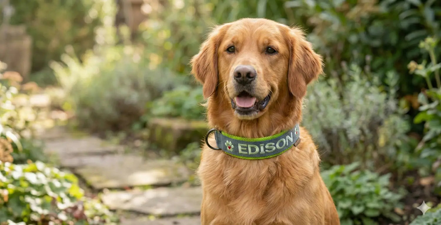 golden retriever mit grün schwarzem personalisiertem hundehalsband von pfotenimglueck mit dem namen edison für stil sicherheit und komfort