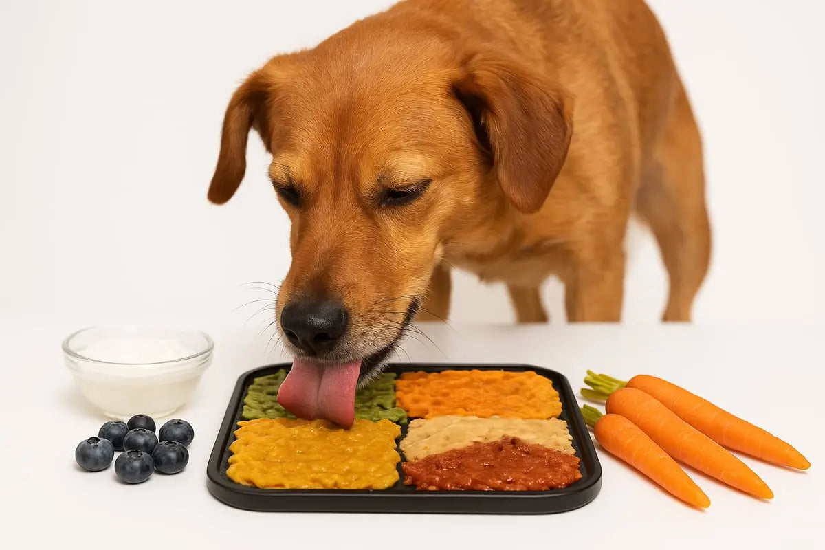 ein goldener retriever leckt mit herausgestreckter zunge an einer schwarzen schleckmatte für den hund, die in vier abschnitte unterteilt ist und bunte pürees enthält, eine bereichernde abwechslung für deine fellnase.