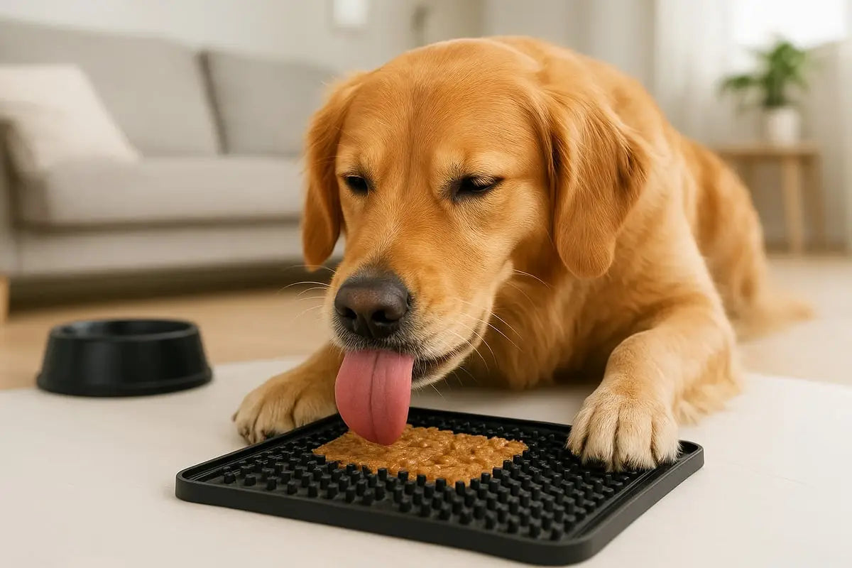 ein golden retriever leckt genüsslich ein leckerli von einer schwarzen, strukturierten schleckmatte für den hund als bereichernde abwechslung für deine fellnase