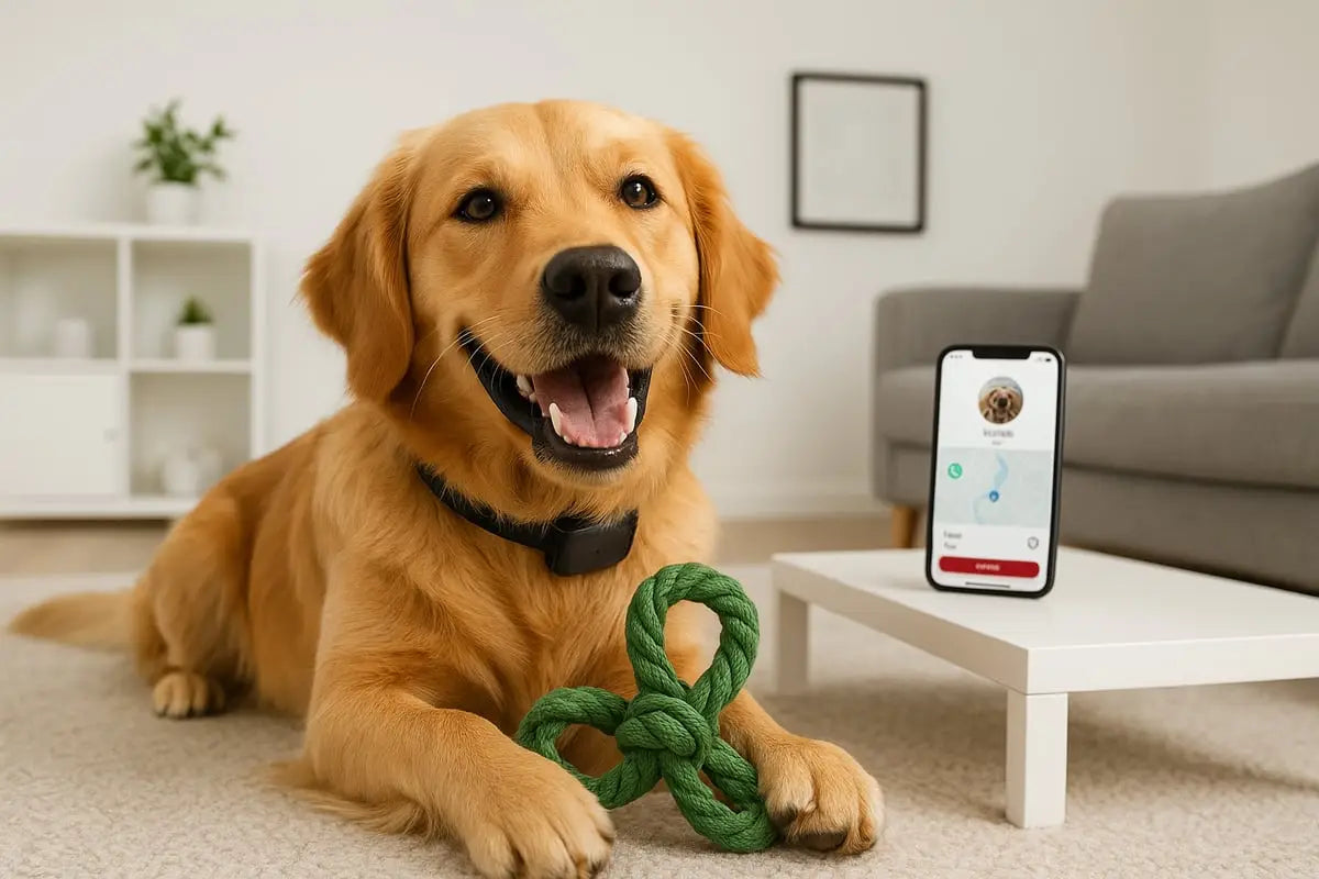 golden retriever mit schwarzem halsband spielt mit grünem seilspielzeug als beispiel für hundeglück im artikel 7 wege wie du das hunde glück stärkst