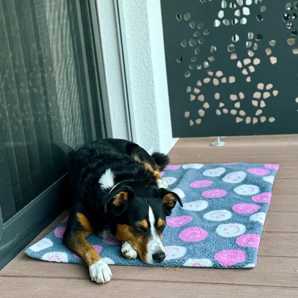 Cozy grau fleece hundedecke smiley mit pinken und weißen lächelnden gesichtern, kompakt faltbar und ideal für hundespielzeug