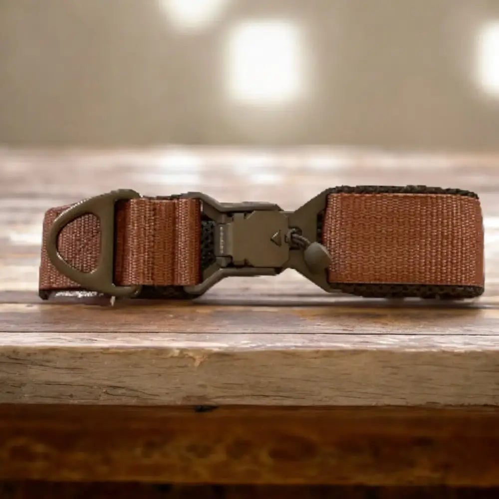 Braunes Hundehalsband mit FIDLOCK® Magnetverschluss und statische Bruchlast, perfekt für Hundespielzeug