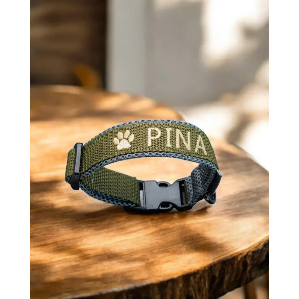 Olive green hundehalsband mit Namen und atmungsaktive 3d-airmeshpolsterung für mehr Komfort