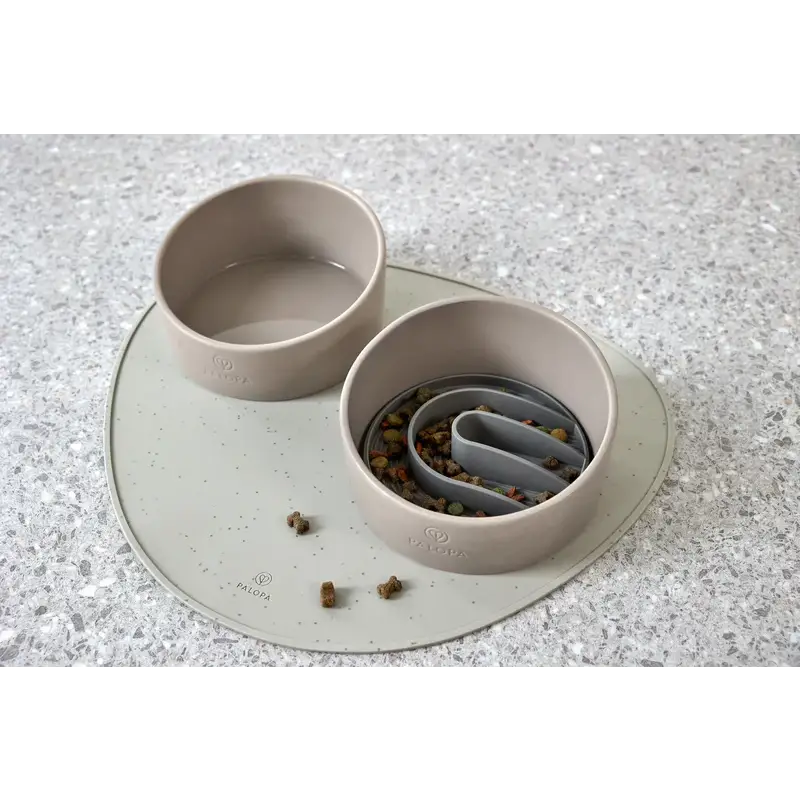 Hundenapf Cali echtes Highlight mit Wassernapf und Futter für Hunde auf grauem Mat