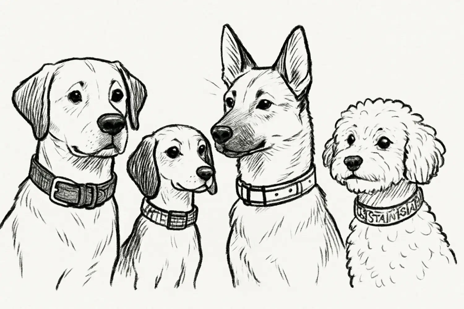 vier illustrierte hunde tragen hundehalsbänder mit unterschiedlichen designs und texturen passend zu hundehalsband trends 2025