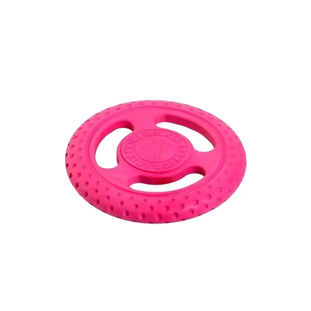 Hellpink strukturierter kiwi walker dog disc frisbee aus gummi mit logo und drei aussparungen