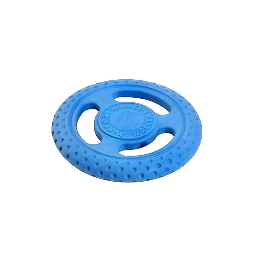 Blauer kiwi walker dog disc frisbee mit strukturierter oberfläche und drei griffen für spiel an land und wasser