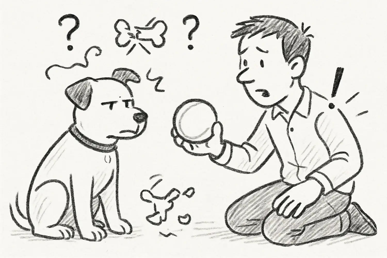 ein mann kniet und hält einen runden glatten ball in den händen für spielideen mit dem hund