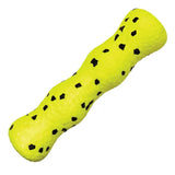 Bright yellow textured kong reflex stick dog toy with black diamond spots for active play