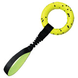 Bright yellow ring-shaped kong reflex tug hundespielzeug with black speckles and elastic strap for tug play