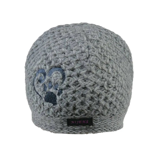 Graue kurze Beanie Mütze aus Wolle mit Pfote&Herz Stickerei, perfekt für Hundeliebhaber