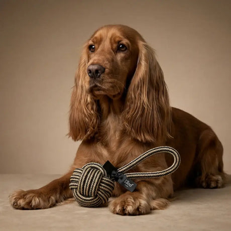 L’floof rope tug rope toy aus schwarzem und weißem seil mit kleinem etikett für grosse hunde zum zerren