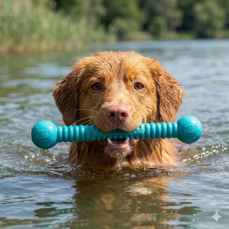 Teal moby dog stick aus robustem plastik mit strukturierten rillen und abgerundeten enden zum spielen und schwimmen