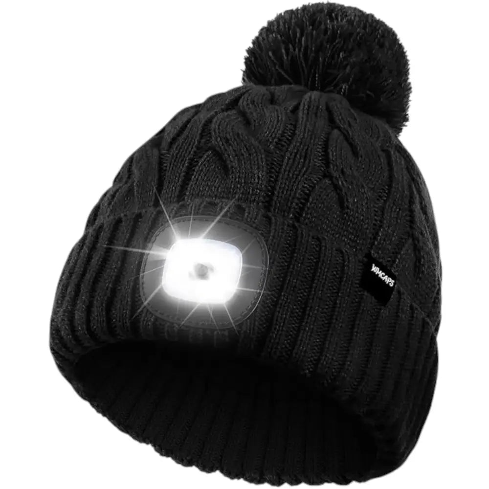 Schwarze Mütze mit LED Beleuchtung und Bommel, perfekt für dunkle Nächte