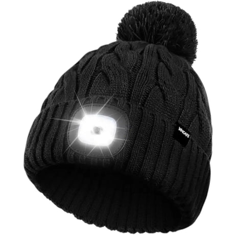 Schwarze Mütze mit LED Beleuchtung und Bommel, perfekt für dunkle Nächte