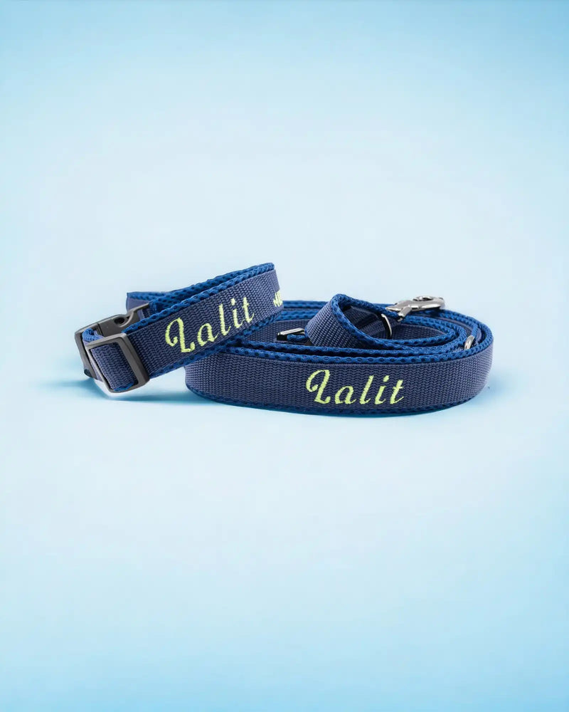 Ein blaues Set aus Hundeleine und Halsband mit der gelben Aufschrift „Lalit“. Halsband und Leine sind ordentlich aufgerollt und heben sich von einem hellblauen Hintergrund ab.