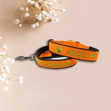 Eine orangefarbene Hundeleine mit den grün aufgestickten Aufschriften „ASCO“ und „Schulhund“ sowie Pfotenabdrücken. Die Leine ist aufgerollt und liegt auf einem beigen Hintergrund mit kleinen weißen Blumen in der oberen linken Ecke.