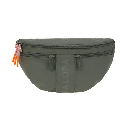Olivgrüne Palopa Bum Bag Emma mit schwarzen Reißverschlüssen und orangen Laschen