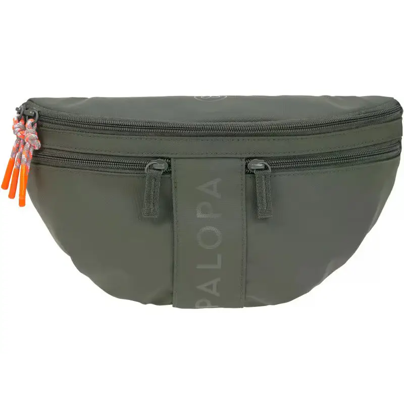 Olivgrüne Palopa Bum Bag Emma mit Reißverschlüssen und orangen Zipps