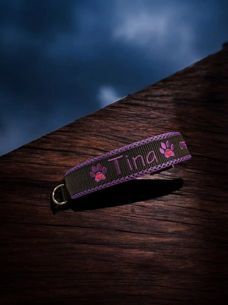 Ein Schlüsselanhänger mit dunklem Band mit rosa Pfotenabdrücken und dem in rosa Buchstaben gestickten Namen „Tina“, platziert auf einer dunklen Holzoberfläche mit einem verschwommenen Himmel im Hintergrund.