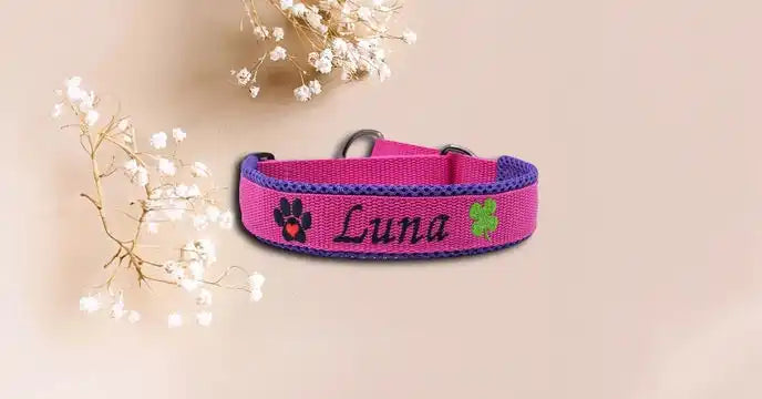 Ein rosa-lila Hundehalsband mit schwarz-grünen Pfoten- und Kleeblatt-Symbolen und einem schwarz gestickten Namen. Es ist auf einem hellen Hintergrund mit kleinen weißen Blumen abgebildet.