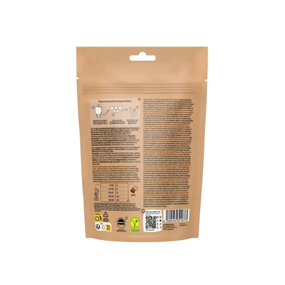 Braune rückseite der pure bites 115 g tasche mit fermentiertem proteinpulver, nutrition info und qr code, ideal für hundespielzeug und hundehalsband fans