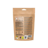 Braune rückseite der pure bites 115 g tasche mit fermentiertem proteinpulver, nutrition info und qr code, ideal für hundespielzeug und hundehalsband fans