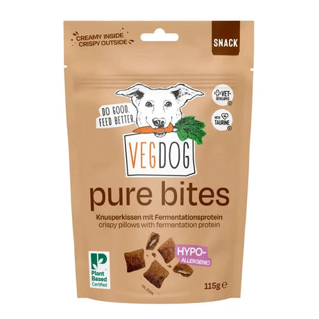 Tanfarbener resealable pouch pure bites hundesnack mit cartoon hund und gemüse ideal als hundespielzeug ersatz