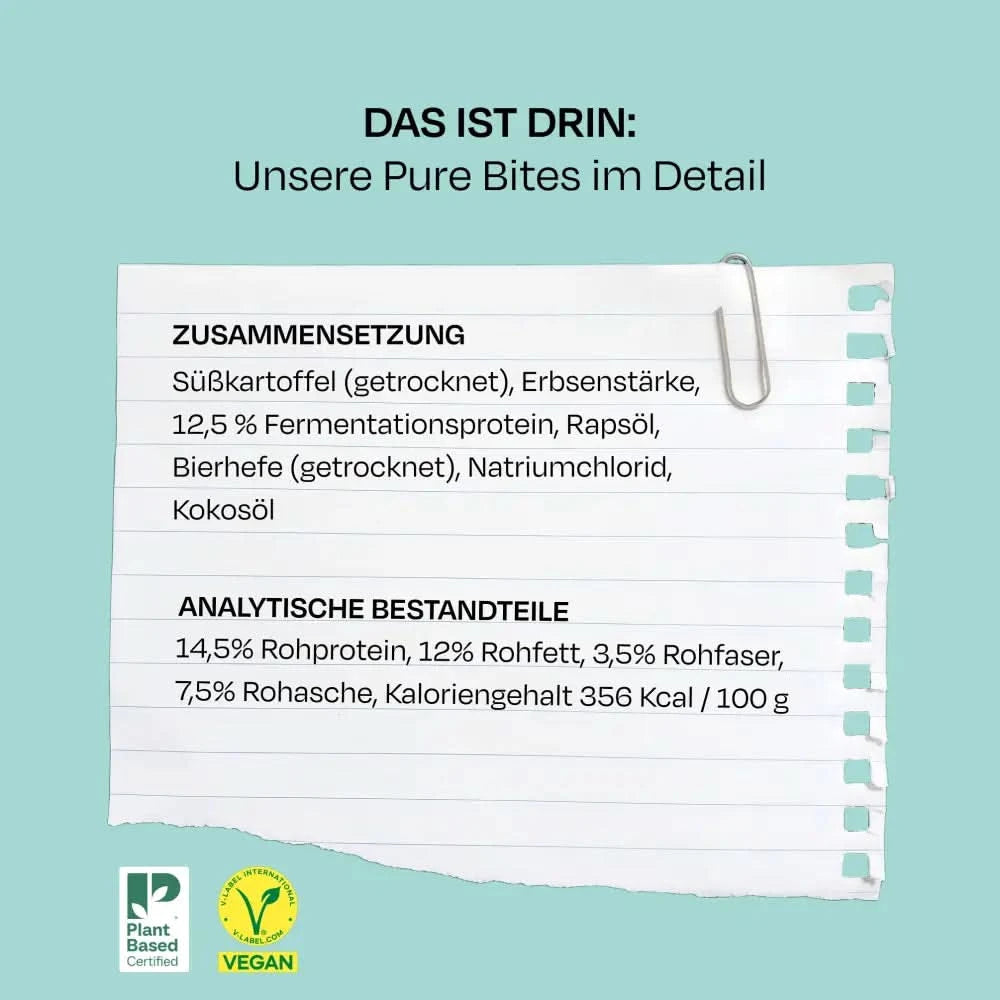Weißer papierrahmen mit schwarzem text auf der rückseite von pure bites 115 g veganem hundespielzeug mit angaben zu zutaten und nährwerten