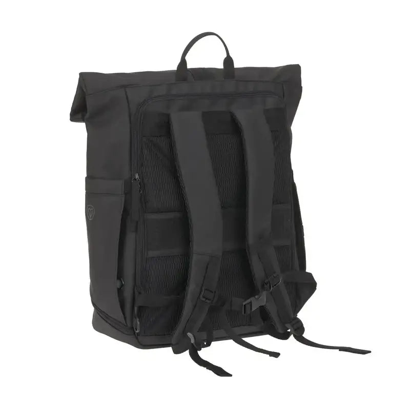 Schwarzer Rolltop Rucksack Yoska mit gepolsterten Trägern und Rückenpanel