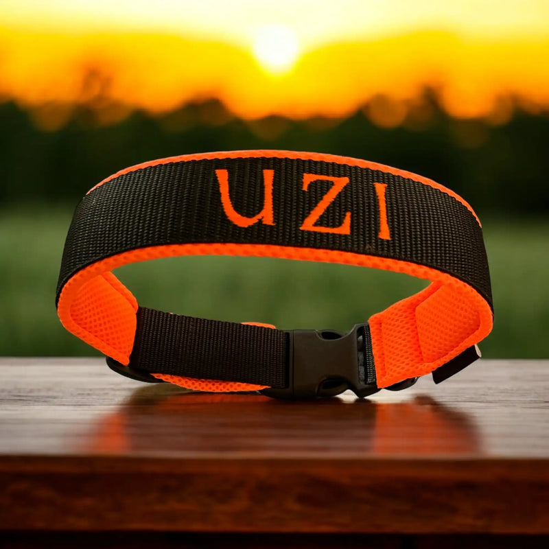 Ein orange-schwarzes Hundehalsband mit dem orangefarbenen gestickten Namen „UZI“ liegt auf einer Holzfläche. Ein Sonnenuntergang vor einem verschwommenen Hintergrund aus grünen Feldern verleiht der Szene einen warmen Glanz.