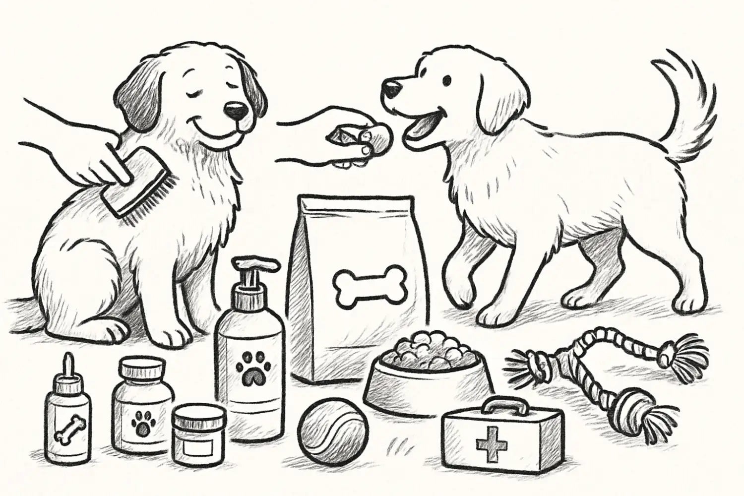 schwarz-weiß-skizze von zwei golden retriever welpen umgeben von hundepflegeartikeln wie einer bürste, hundefuttertasche mit knochenlogo, flaschen mit pfotenabdruck und einem ersten-hilfe-set im artikel alles für hunde der ultimative guide für einsteiger 2025.