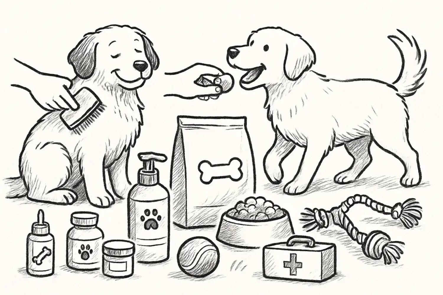 ein schwarz-weiß sketch von zwei golden retriever welpen umgeben von haustierpflegeartikeln wie einer bürste, einem futtersack mit knochenlogo, flaschen mit pfotenaufklebern und einem verbandskasten im artikel alles für hunde der ultimative guide für einsteiger 2025.