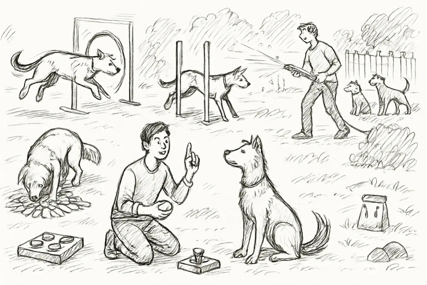 schwarz-weiß-skizze eines mannes, der im freien kniet und mit dem finger auf einen sitzenden hund zeigt, passend zu 7 spiel ideen mit dem hund.