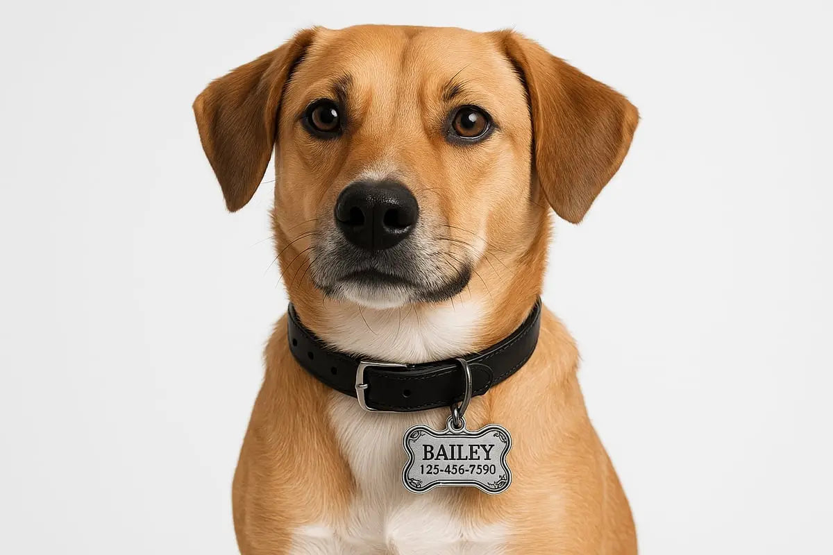 schwarzes lederhundehalsband mit silberner gravierter knochentag namens bailey und der nummer 125-456-7390 im artikel hunde tags alles wichtige für deinen vierbeiner