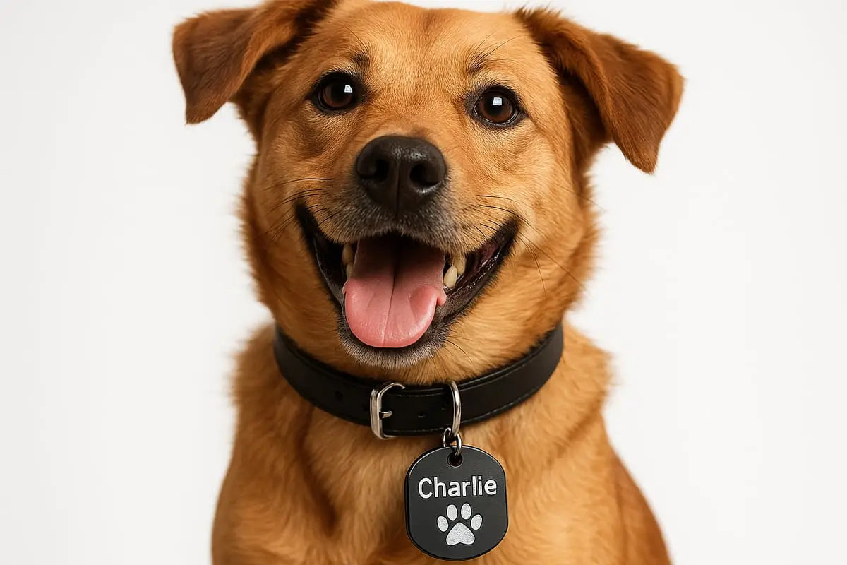schwarzes leder hundehalsband mit silberner schnalle und schwarzem ovalem anhänger graviert mit dem namen charlie und weißer pfotenabdruck für deinen vierbeiner